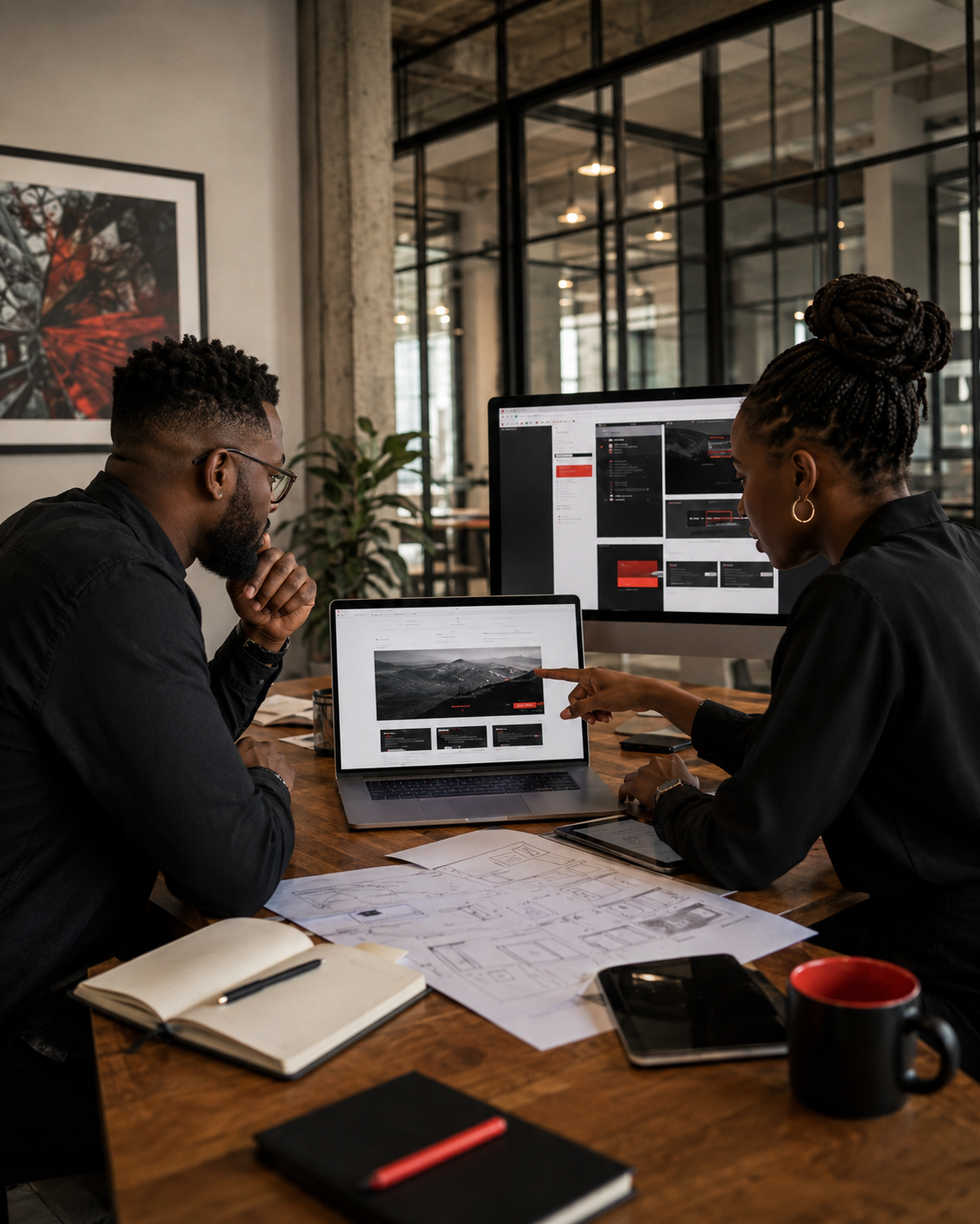 Two Consensio strategists reviewing a digital prototype, interface designs and working documents