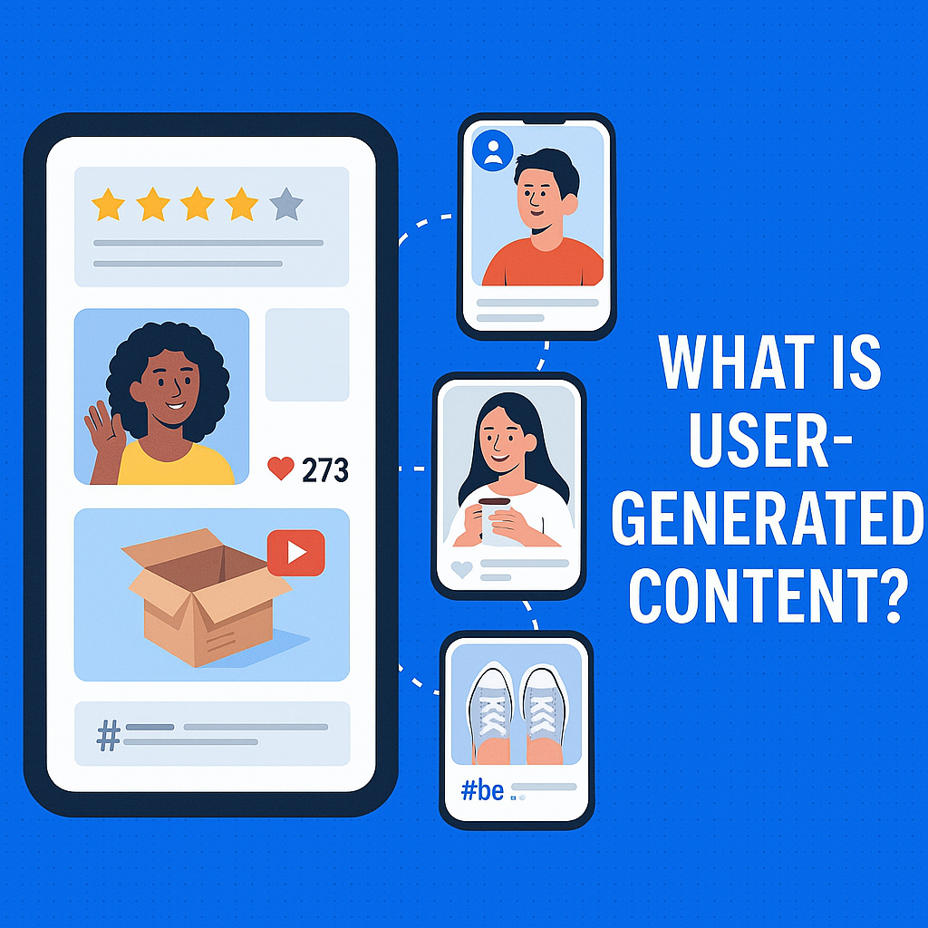 Example of user-generated content including reviews, social posts, and unboxing videos displayed on a digital mockup.